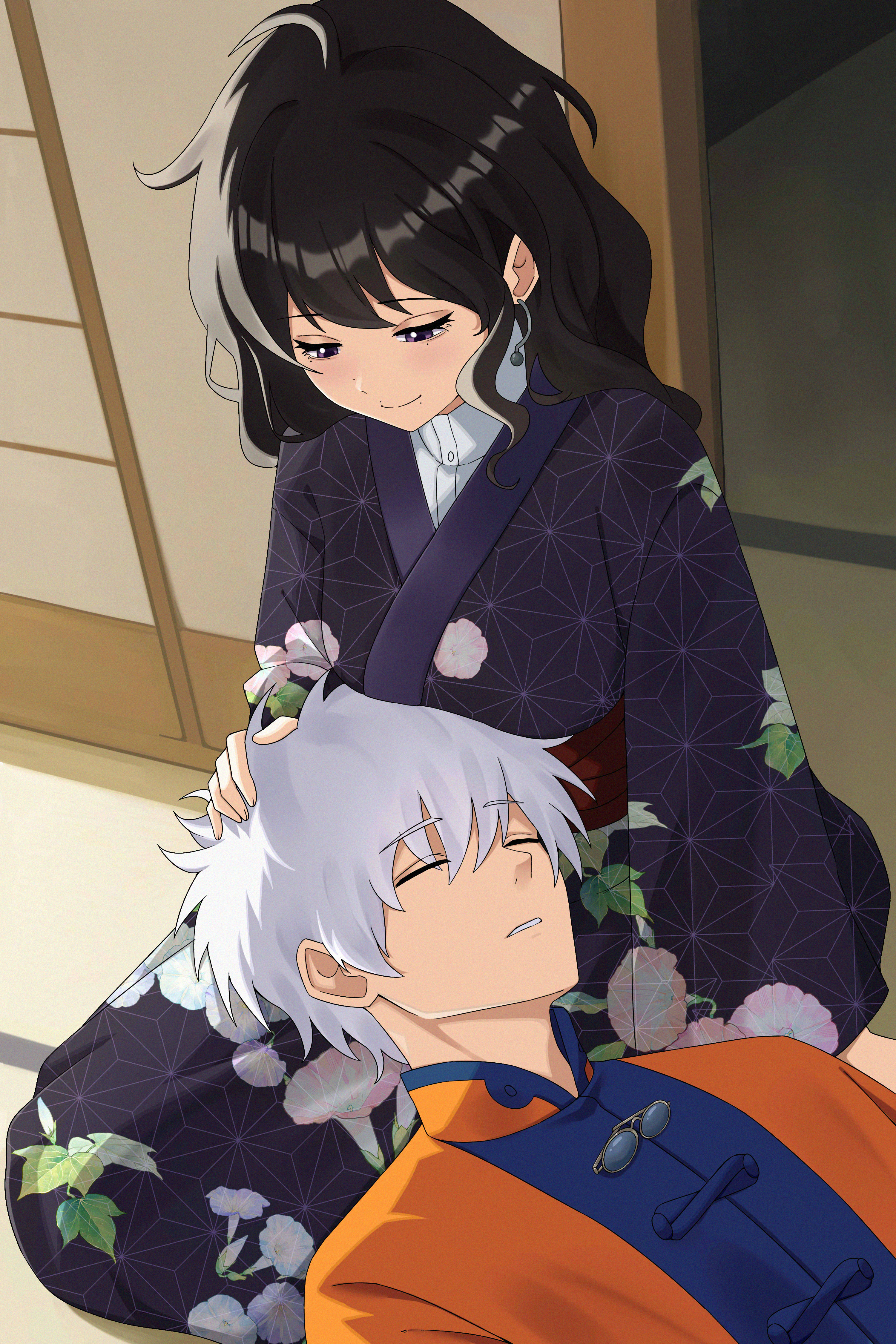 artwork of Yukie and Enishi. Enishi is asleep on Yukie's lap, who is looking down at him with a soft smile.